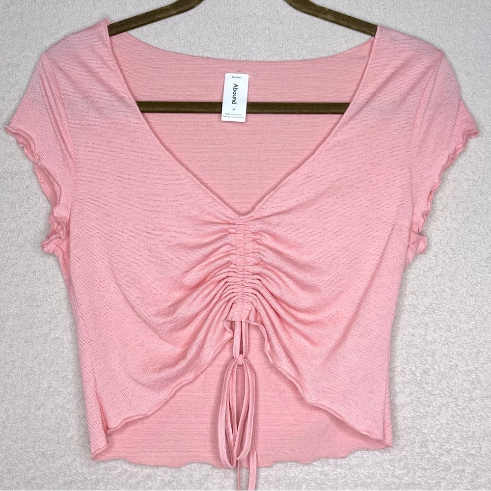 NEW Y2K Tie Front V-Neck Crop Top Tee Shirt Women’s M Salmon Pink Feminine Boho